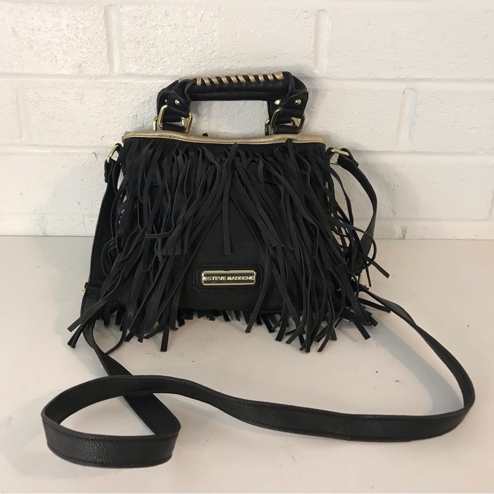 Steve Madden Black Fringed crossbody Bag Purse Handbag Faux Leather Gold Accents